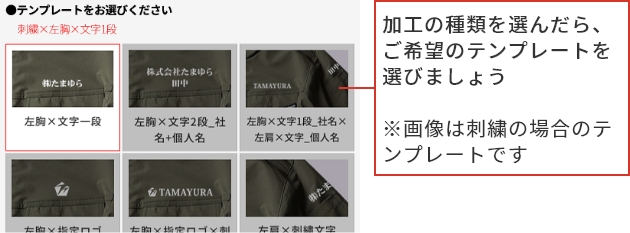 ご注文の流れ step2 加工の種類を選んだら、ご希望のテンプレートを選びましょう※画像は刺繍の場合のテンプレートです