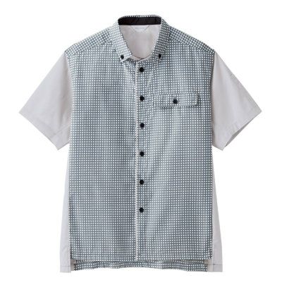 U103　ベスト　U100シリーズ　どんな場所にも似合うカラーとチェック柄が、明るく、清潔感のある空間づくりをサポートします。 半袖ペアシャツ　グレー