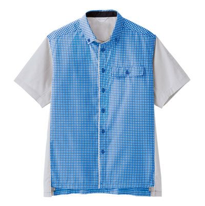 U106　ベスト　U100シリーズ　どんな場所にも似合うカラーとチェック柄が、明るく、清潔感のある空間づくりをサポートします。 半袖ペアシャツ　ブルー