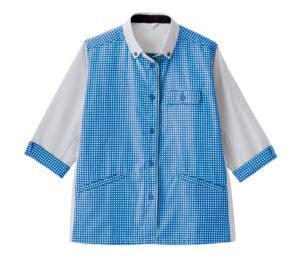 U136　ベスト　U130シリーズ　どんな場所にも似合うカラーとチェック柄が、明るく、清潔感のある空間づくりをサポートします。七分袖ジャケット　ブルー